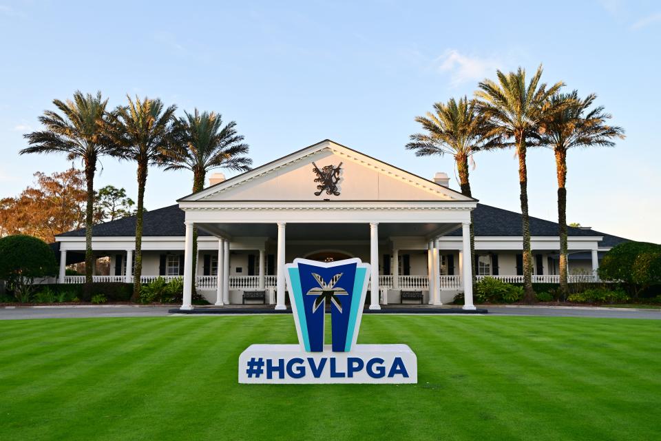 Signage near the main entrance at Lake Nona Golf & Country Club for the Hilton Grand Vacations Tournament of Champions 2024 in Orlando.