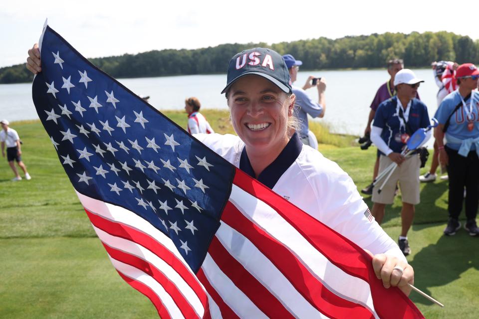 Lauren Coughlin reacts after the United States won the 2024 Solheim Cup at Robert Trent Jones Golf Club in Gainesville, Virginia.