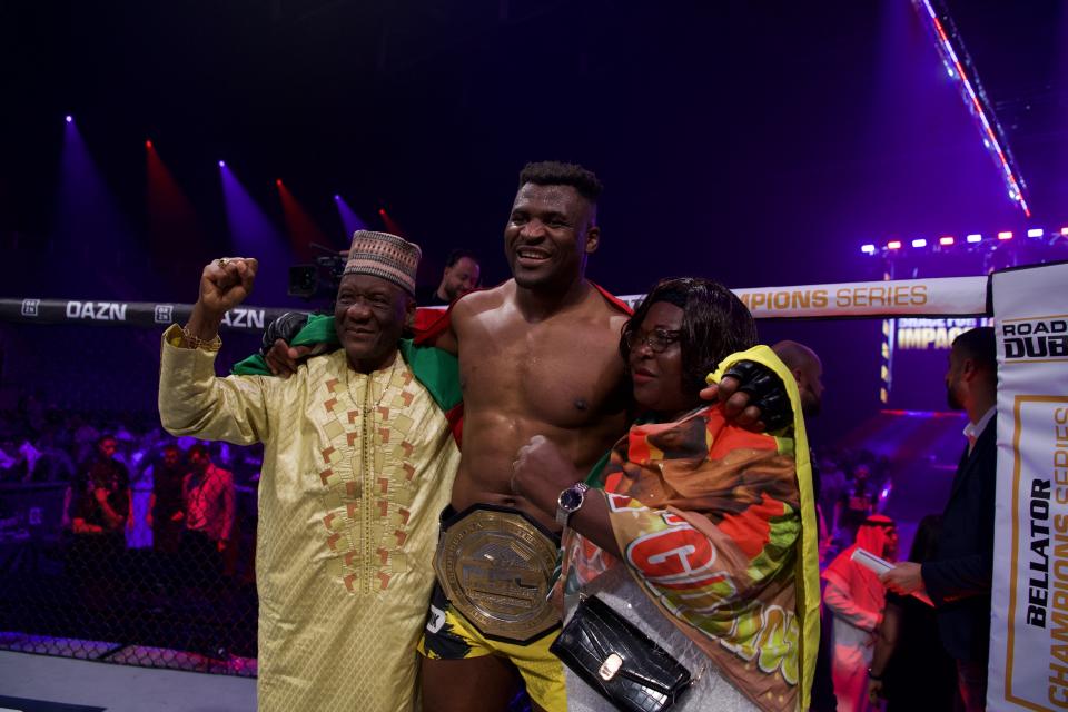 RIYADH, SAUDI ARABIA - OCTOBER 19: Francis Ngannou (C) of Cameroon defeats Renan Ferreira (not seen) of Brazil during a match organized by Professional Fighters League MENA in Riyadh, Saudi Arabia on October 19, 2024. (Photo by Mohammed Saad/Anadolu via Getty Images)