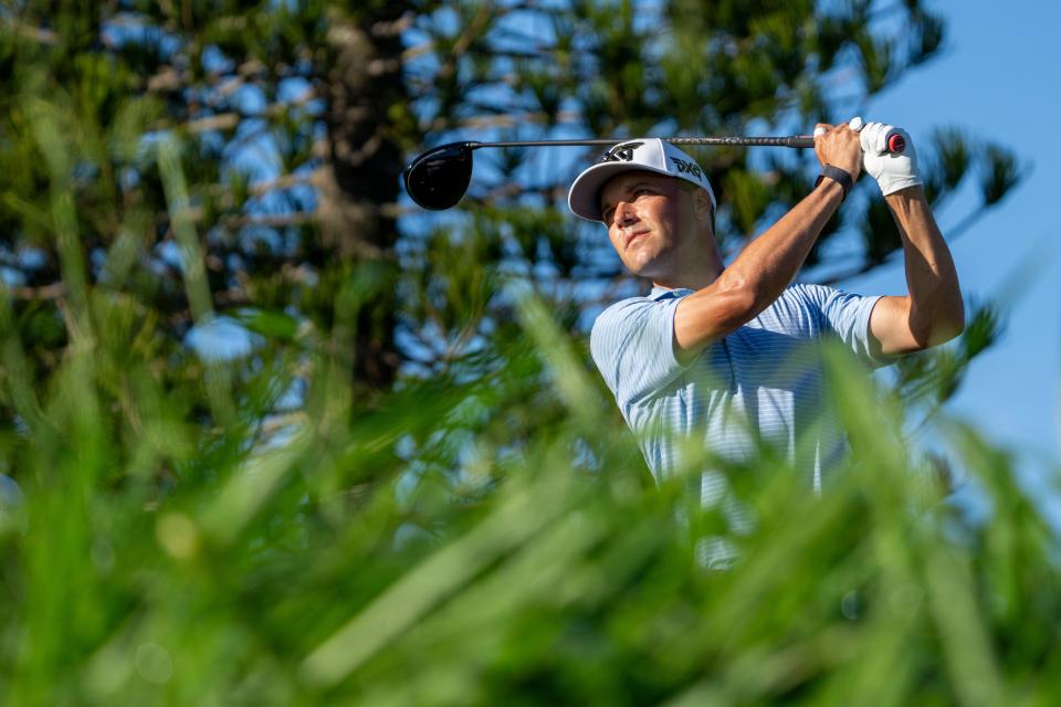 Eric Cole hits his tee shot on the third hole during the final round of The Sentry golf tournament at Kapalua Golf - The Plantation Course.