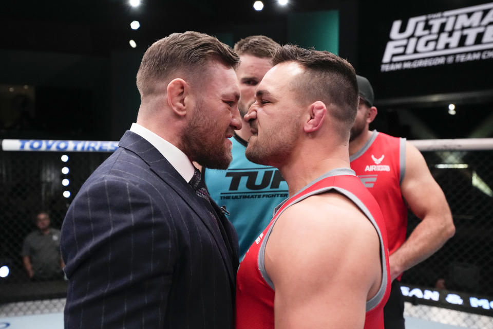 LAS VEGAS, NEVADA - MARCH 03:  (L-R) Conor McGregor and Michael Chandler face off during the filming of The Ultimate Fighter at UFC APEX on March 3, 2023 in Las Vegas, Nevada. (Photo by Chris Unger/Zuffa LLC)