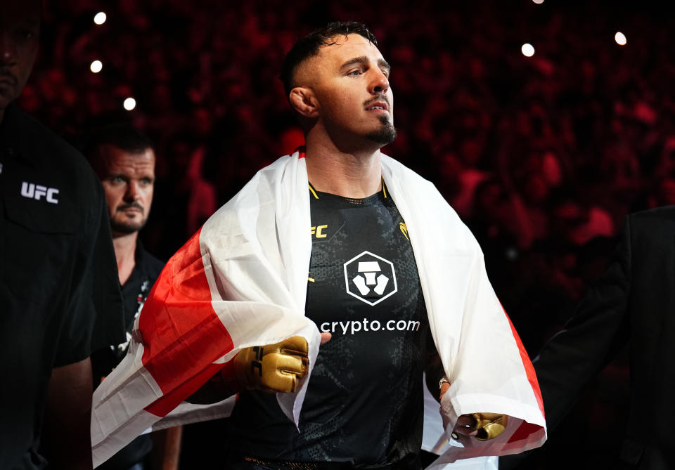 MANCHESTER, ENGLAND - JULY 27: Tom Aspinall of England prepares to face Curtis Blaydes in the interim UFC heavyweight championship bout during the UFC 304 event at Co-op Live on July 27, 2024 in Manchester, England.  (Photo by Chris Unger/Zuffa LLC via Getty Images)