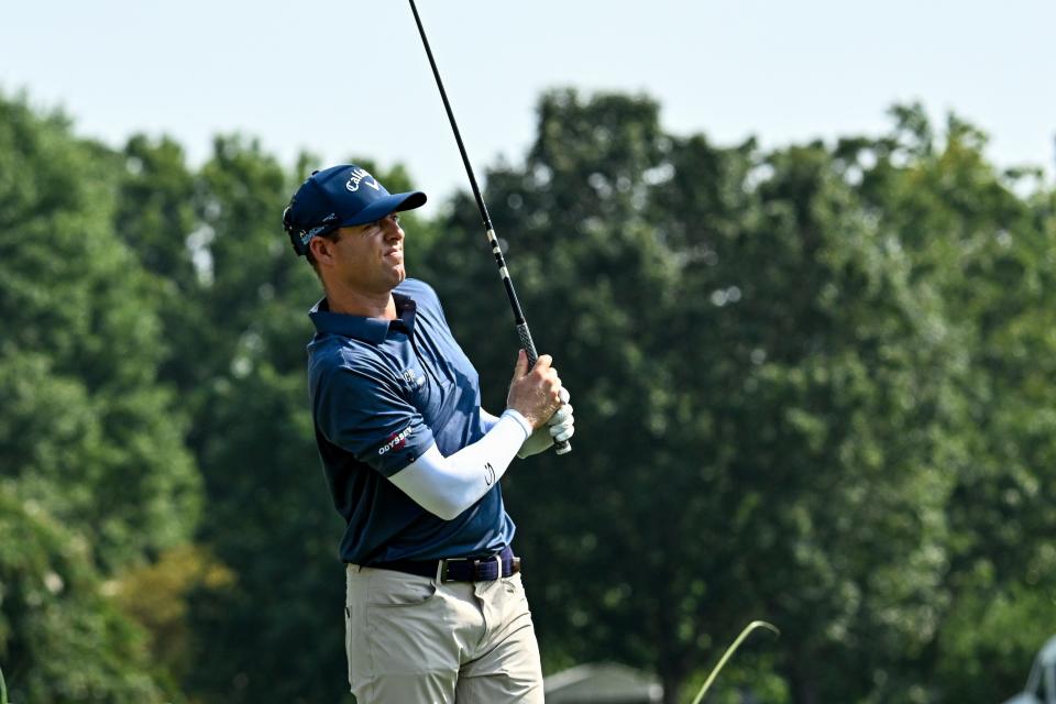 Max Greyserman tees off at the 12 tee box during the first round of the FedEx St. Jude Championship golf tournament at TPC Southwind.