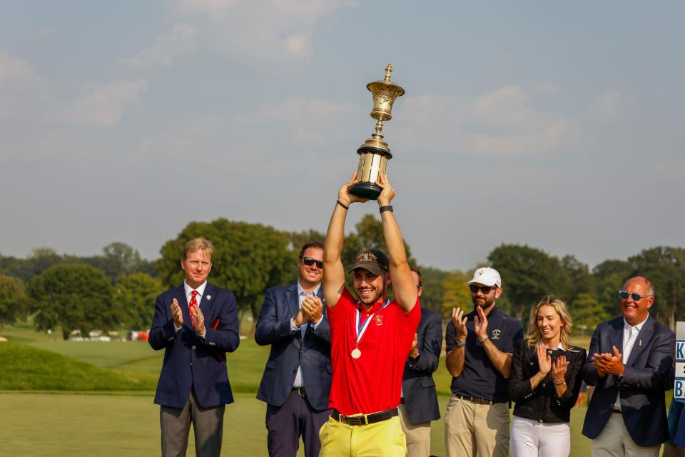 Jose Luis Ballester is awarded the Havemeyer trophy at the awards ceremony after winning the 2024 U.S. Amateur at Hazeltine National Golf Club in Chaska, Minn. on Sunday, Aug. 18, 2024. (Chris Keane/USGA)