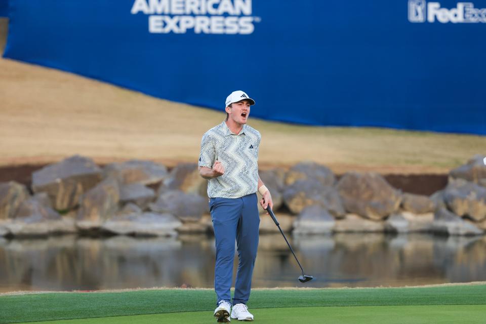 Nick Dunlap reacts to winning the 2024 American Express at Pete Dye Stadium Course in La Quinta, California.