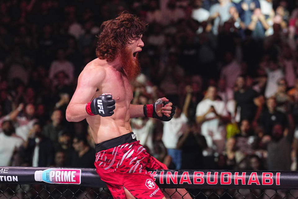 ABU DHABI, UNITED ARAB EMIRATES - OCTOBER 26: Shara Magomedov of Russia reacts after a knockout victory against Armen Petrosyan of Russia in a middleweight fight during the UFC 308 event at Etihad Arena on October 26, 2024 in Abu Dhabi, United Arab Emirates.  (Photo by Chris Unger/Zuffa LLC)