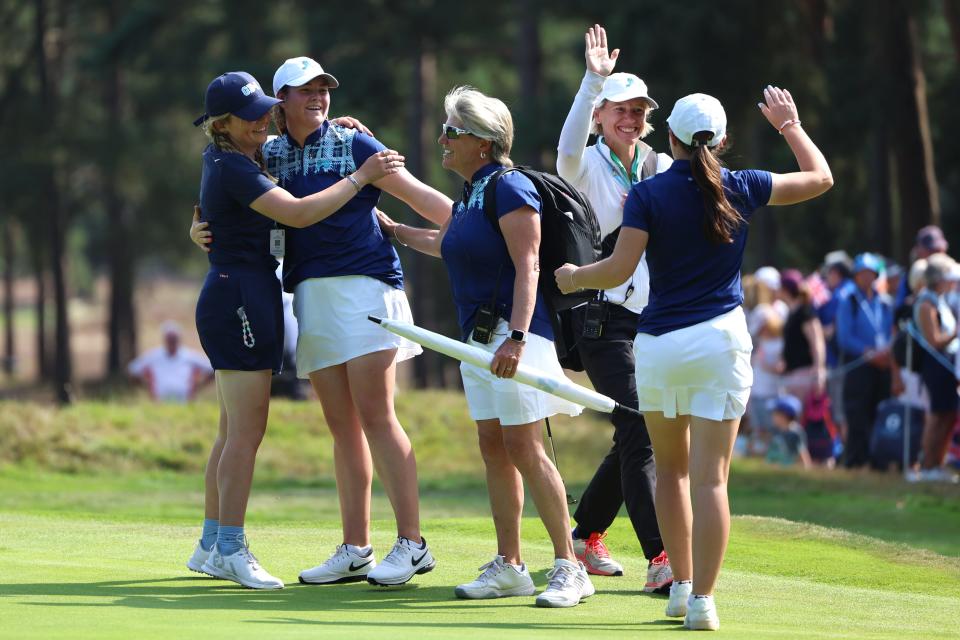 Lorna McClymont of Great Britain & Ireland celebrates winning her match during the Sunday Singles on Match Day Three of the Curtis Cup at Sunningdale Golf Club on September 1, 2024 in Sunningdale, England. (Photo by Tom Dulat/R&A/R&A via Getty Images)