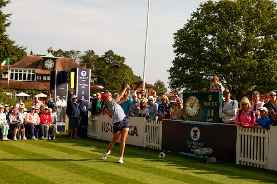 Asterisk Talley plays her tee shot at the first hole during singles matches of the 2024 Curtis Cup at Sunningdale Golf Club in Sunningdale, England on Sunday, Sept. 1, 2024. (Chris Keane/USGA)