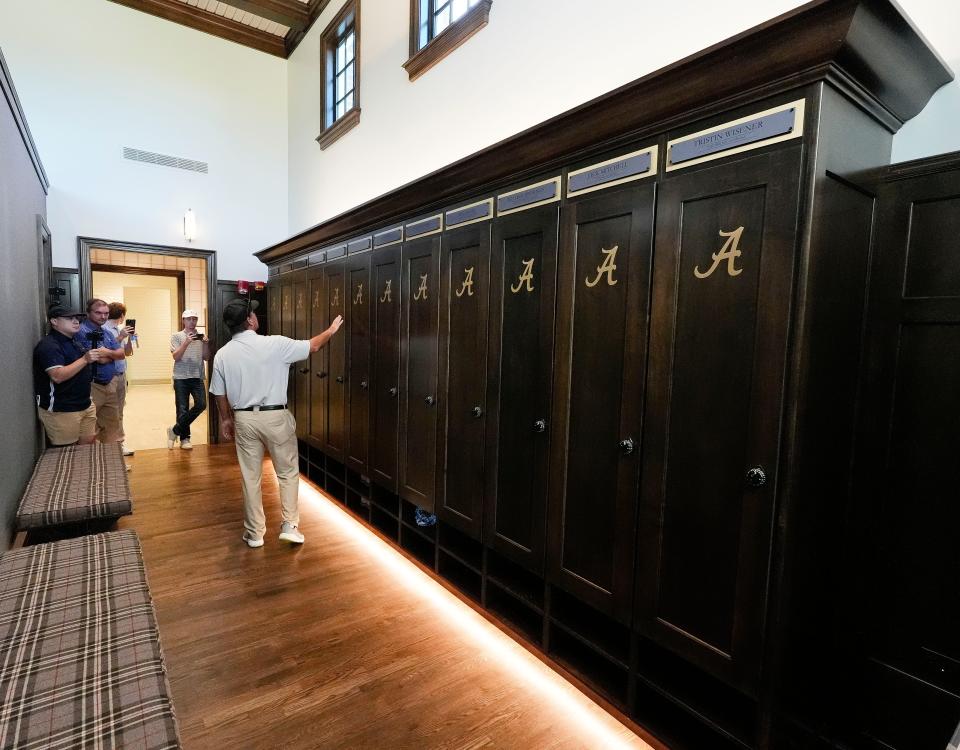 The lockers are the men’s side are of identical construction to those on the women’s side but have a different color scheme in the new Crimson Reserve golf training facility.