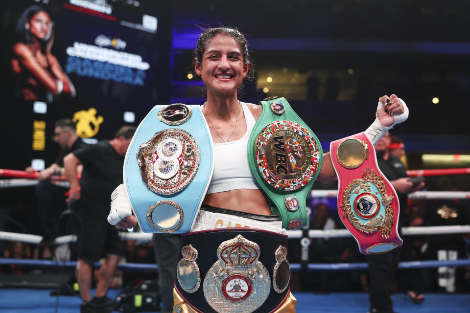 LAS VEGAS, NEVADA - NOVEMBER 02: Gabriela Fundora poses after defeating Gabriela Alaniz in a fight at The Theater on November 02, 2024 in Las Vegas, Nevada. (Photo by Cris Esqueda/Golden Boy/Getty Images)