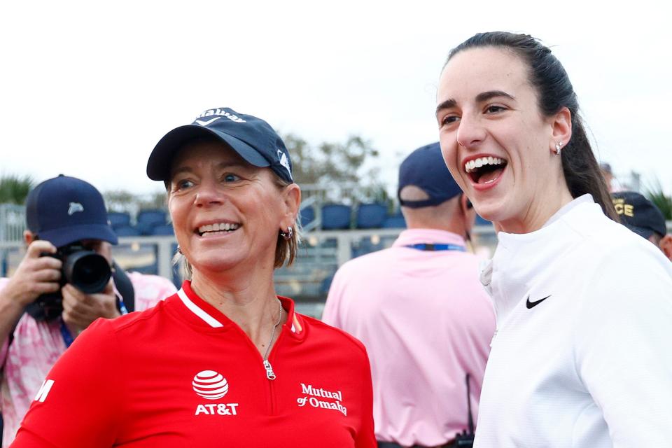 Annika Sorenstam greets Caitlin Clark before teeing off at the pro-am ahead of The Annika driven by Gainbridge at Pelican 2024 at Pelican Golf Club.