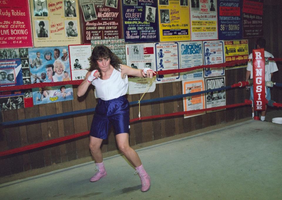 Boxer Christy Martin from the United States shadow punching in the boxing ring during a training session on 31st October 1995 at Johnny Toccos Gym in Las Vegas, Nevada, United States.  (Photo by Holly Stein/Allsport//Getty Images)