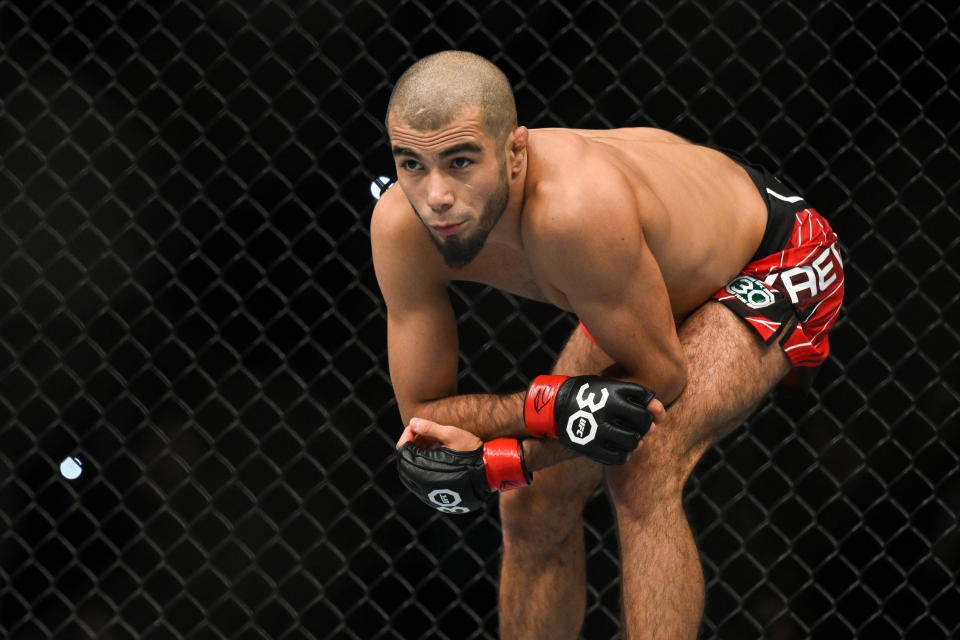 Mar 18, 2023; London, UNITED KINGDOM; Muhammad Mokaev (red gloves) reacts during his fight with Jafel Filho (not pictured) during UFC 286 at O2 Arena. Mandatory Credit: Per Haljestam-USA TODAY Sports