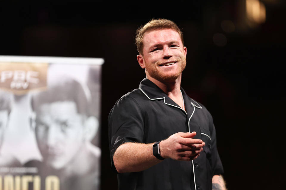 LAS VEGAS, NEVADA - SEPTEMBER 14: Canelo Alvarez speaks during a press conference after defeating Edgar Berlanga at T-Mobile Arena on September 14, 2024 in Las Vegas, Nevada. (Photo by Omar Vega/Getty Images)