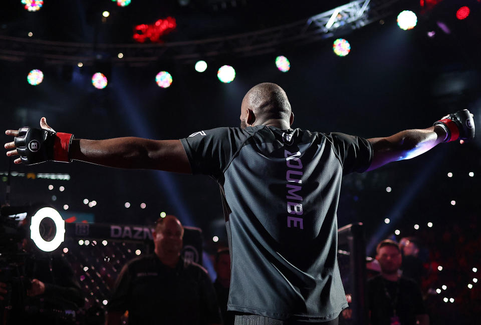 French-Cameroonian fighter Cedric Doumbe reacts prior to the fight against US fighter Jaleel Willis during their mixed martial arts (MMA) lightweight bout, part of The Bellator Champions Series at The Accor Arena in Paris on May 17, 2024. (Photo by FRANCK FIFE / AFP) (Photo by FRANCK FIFE/AFP via Getty Images)