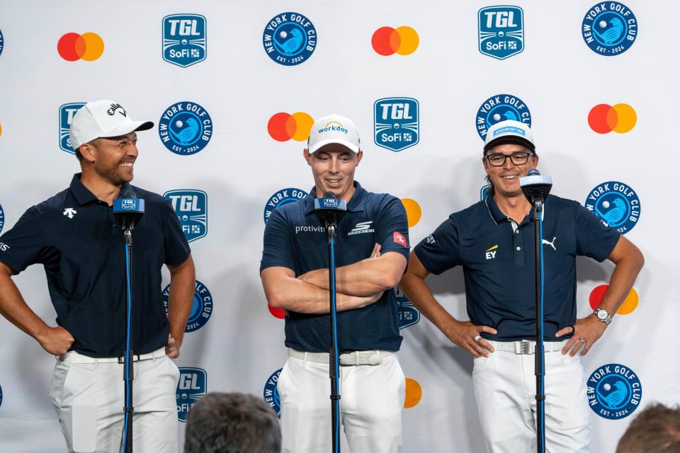 New York Golf Club's Xander Schauffele, Matt Fitzpatrick and Rickie Fowler answer questions at the post game press conference at SoFi Center, the home of TGL, the interactive golf league founded by Tiger Woods and Rory McIlroy on January 7, 2025 in Palm Beach Gardens, Florida.