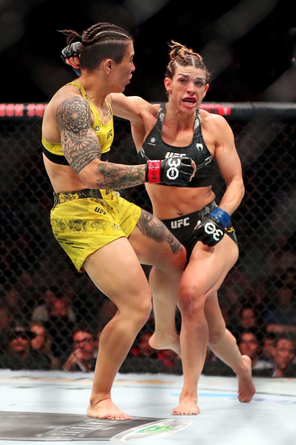 Nov 11, 2023; New York, NY, USA; Jessica Andrade (red gloves) fights Mackenzie Dern (blue gloves) during UFC 295 at Madison Square Garden. Mandatory Credit: Wendell Cruz-USA TODAY Sports