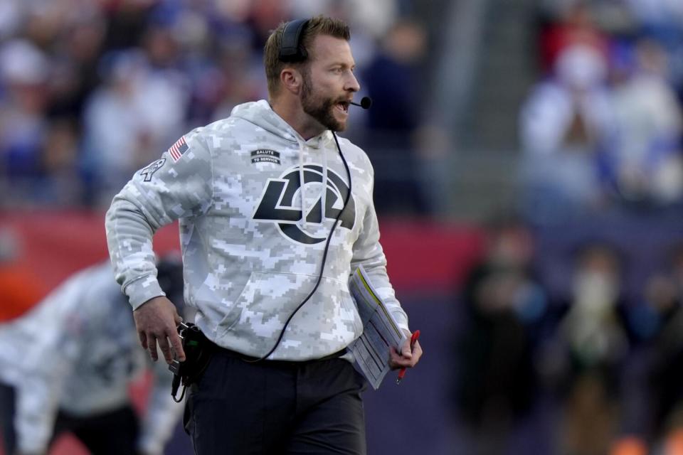 Rams coach Sean McVay roams the sideline in Foxborough, Mass., in November.