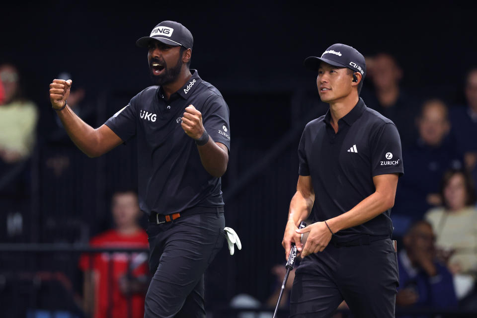 Sahith Theegala and Collin Morikawa had plenty to celebrate. (Megan Briggs/TGL/TGL via Getty Images)