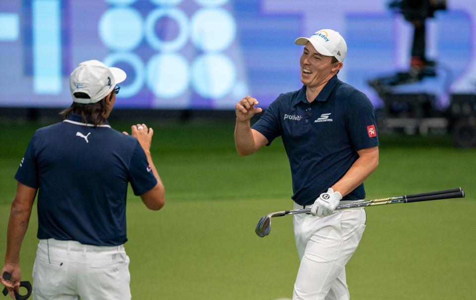 New York Golf Club Matt FitzpatrickÊreacts after a putt practices at the inaugural golf match at SoFi Center, the home of TGL, the interactive golf league founded by Tiger Woods and Rory McIlroy on January 7, 2025 in Palm Beach Gardens, Florida.