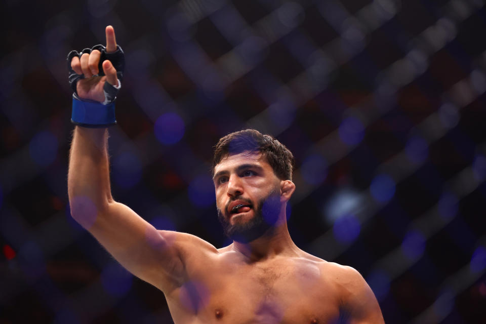 Apr 13, 2024; Las Vegas, Nevada, USA; Arman Tsarukyan during UFC 300 at T-Mobile Arena. Mandatory Credit: Mark J. Rebilas-USA TODAY Sports