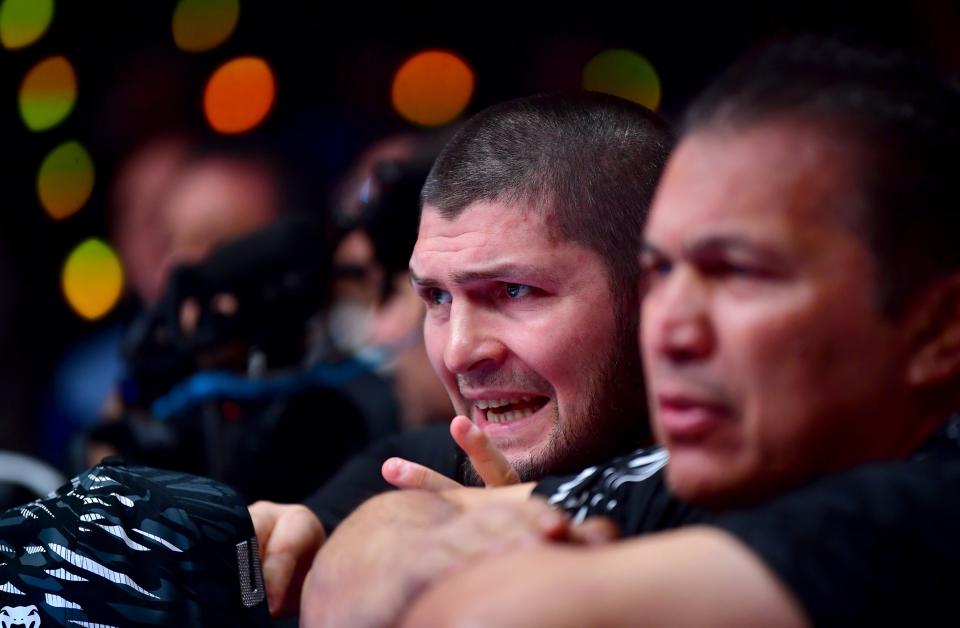 Jan 18, 2025; Inglewood, California, USA; Khabib Nurmagomedov ringside during UFC 311 at Intuit Dome. Mandatory Credit: Gary A. Vasquez-Imagn Images