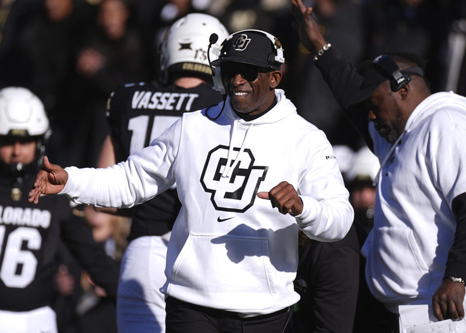 Colorado head coach Deion Sanders in the second half of an NCAA college football game against Oklahoma State Friday, Nov. 29, 2024, in Boulder, Colo. (AP Photo/David Zalubowski)