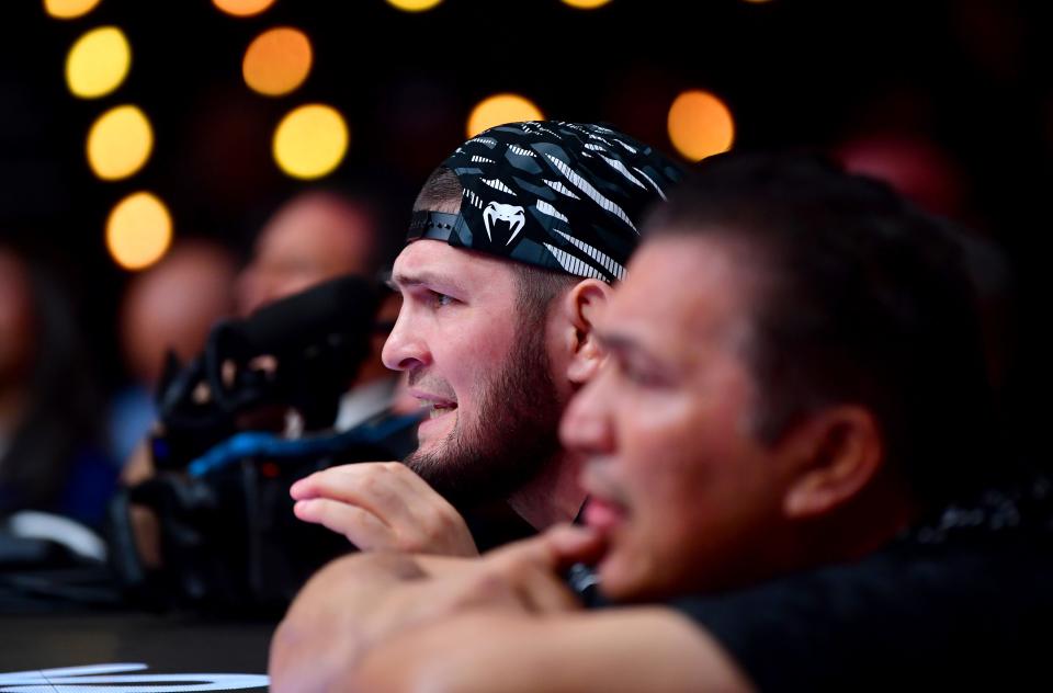 Jan 18, 2025; Inglewood, California, USA; Khabib Nurmagomedov ringside during UFC 311 at Intuit Dome. Mandatory Credit: Gary A. Vasquez-Imagn Images