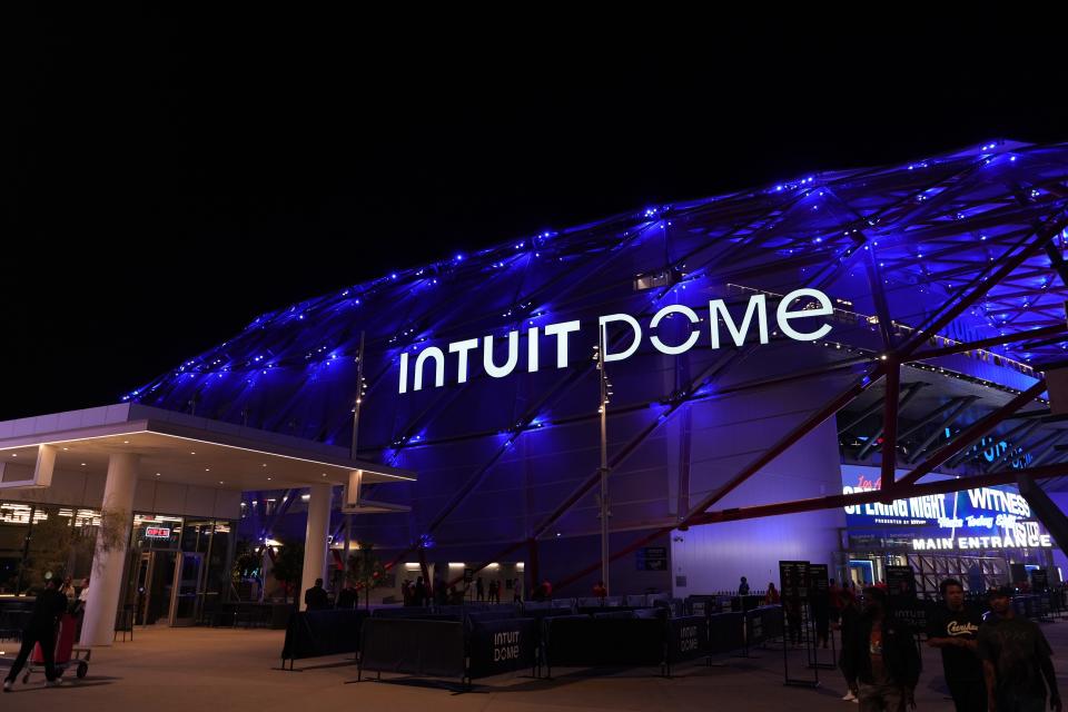 Oct 23, 2024; Inglewood, California, USA; A general overall view of the Intuit Dome exterior. Mandatory Credit: Kirby Lee-Imagn Images