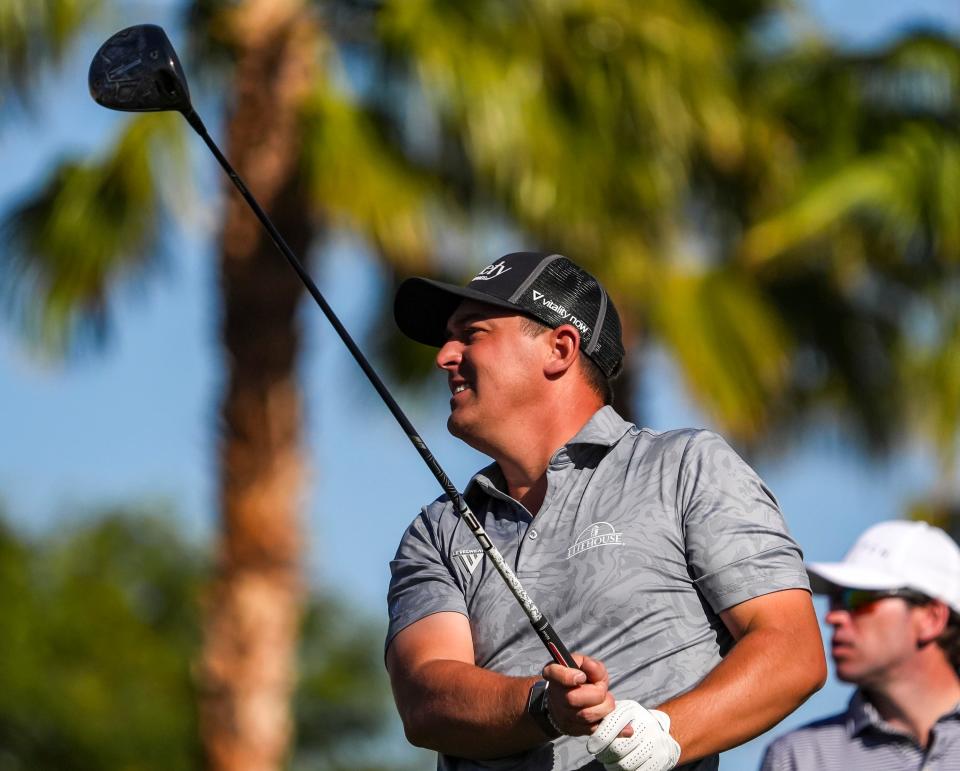 Justin Lower hits his drive on 18 during the second round of The American Express on the Nicklaus Tournament Course at PGA West in La Quinta, Calif., Friday, Jan. 17, 2025.