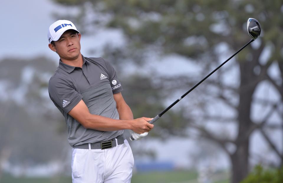 Jan 24, 2020; San Diego, California, USA; Collin Morikawa watches his shot from the fifth tee during the second round of the Farmers Insurance Open golf tournament at Torrey Pines Municipal Golf Course - South Course. Mandatory Credit: Orlando Ramirez-USA TODAY Sports