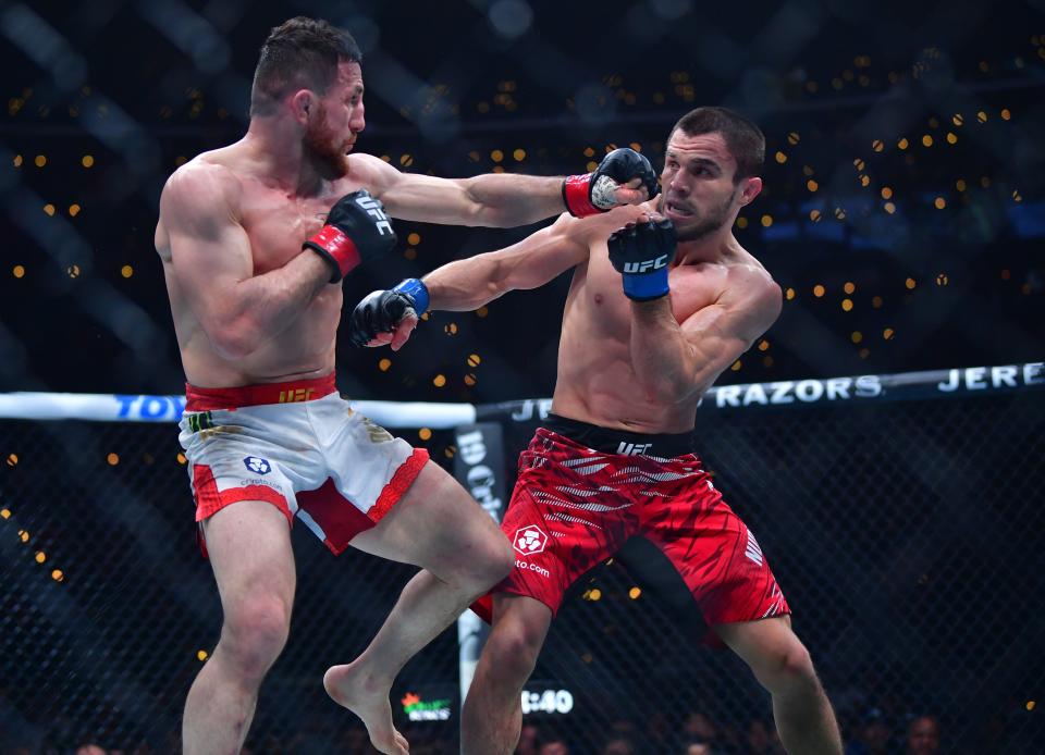 Jan 18, 2025; Inglewood, California, USA; Merab Dvalishvili (red gloves) fights Umar Nurmagomedov (blue gloves) during UFC 311 at Intuit Dome. Mandatory Credit: Gary A. Vasquez-Imagn Images