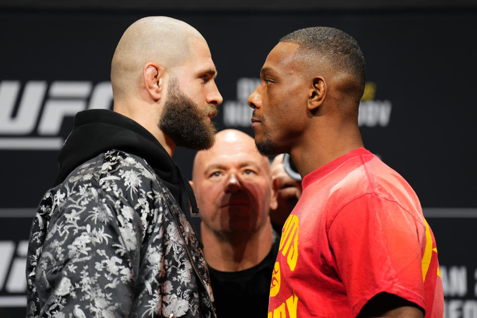 INGLEWOOD, CALIFORNIA - JANUARY 16: (L-R) Opponents Jiri Prochazka of the Czech Republic and Jamahal Hill face off during the UFC 311 press conference at Intuit Dome on January 16, 2025 in Inglewood, California.  (Photo by Cooper Neill/Zuffa LLC)