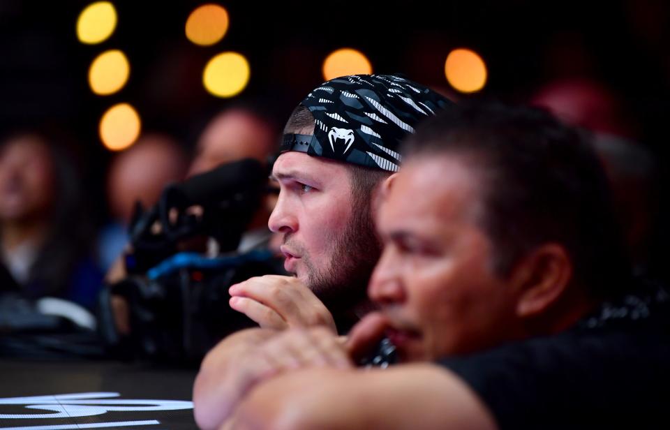 Jan 18, 2025; Inglewood, California, USA; Khabib Nurmagomedov ringside during UFC 311 at Intuit Dome. Mandatory Credit: Gary A. Vasquez-Imagn Images