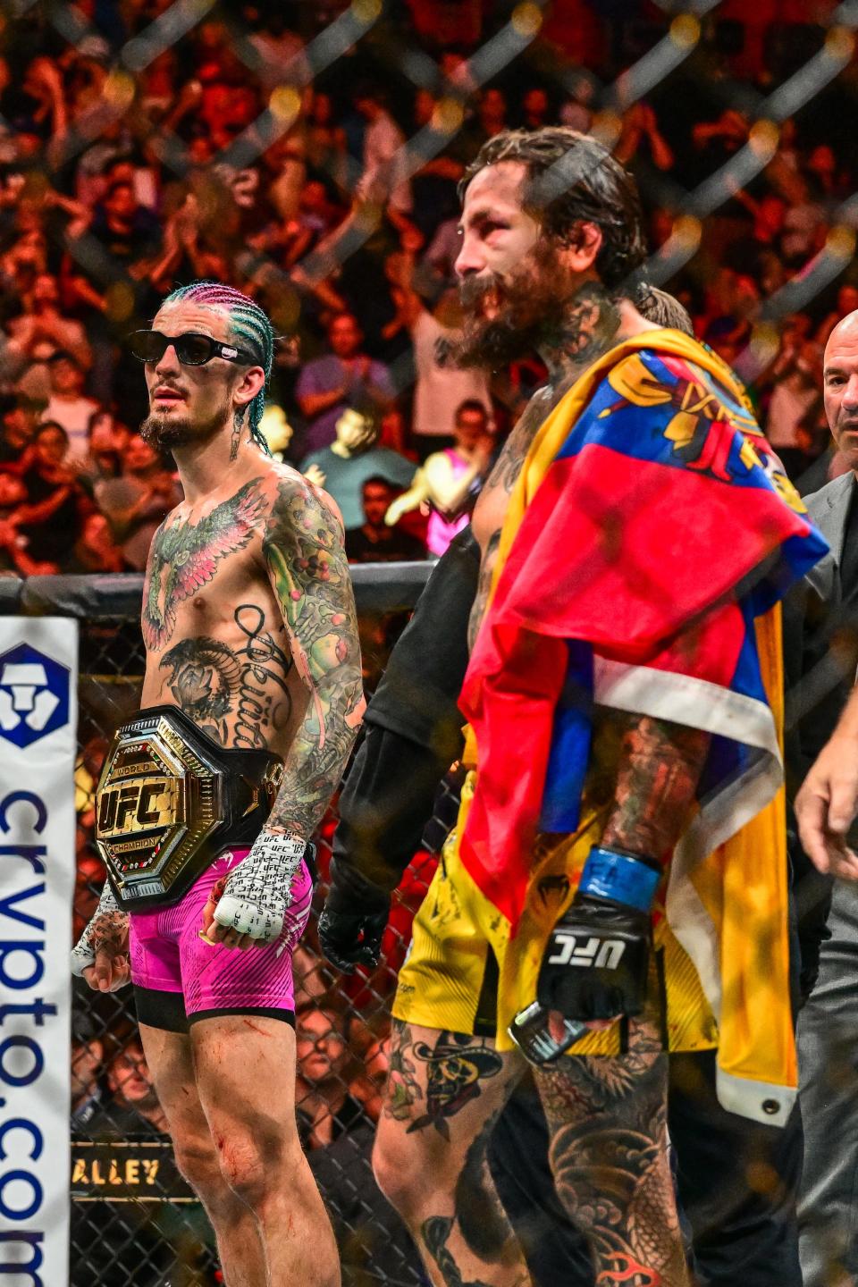 Current champion USA's Sean O'Malley (L) celebrates victory over Ecuador's Marlon Vera during their UFC Bantamweight Championship bout at the Kaseya Center in Miami, Florida, on March 9, 2024. between (Photo by GIORGIO VIERA / AFP) (Photo by GIORGIO VIERA/AFP via Getty Images)