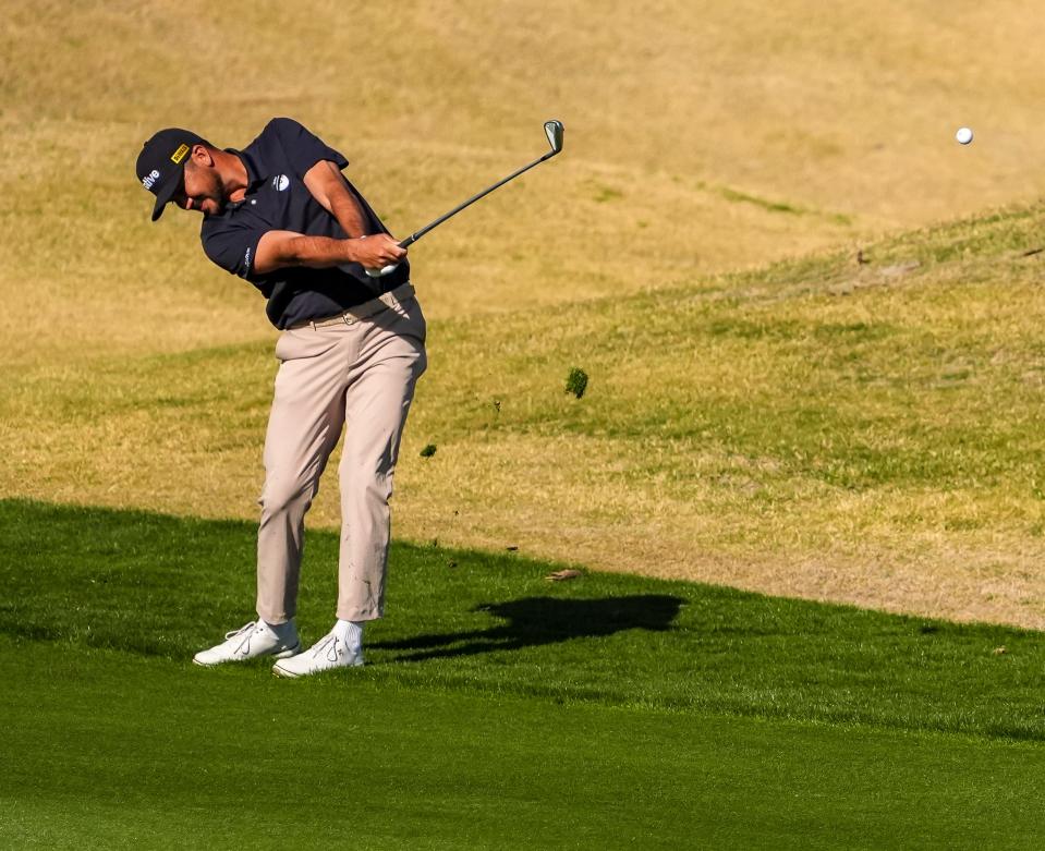 Jason Day takes his second shot on 11 during the second round of The American Express on the Nicklaus Tournament Course at PGA West in La Quinta, Calif., Friday, Jan. 17, 2025.