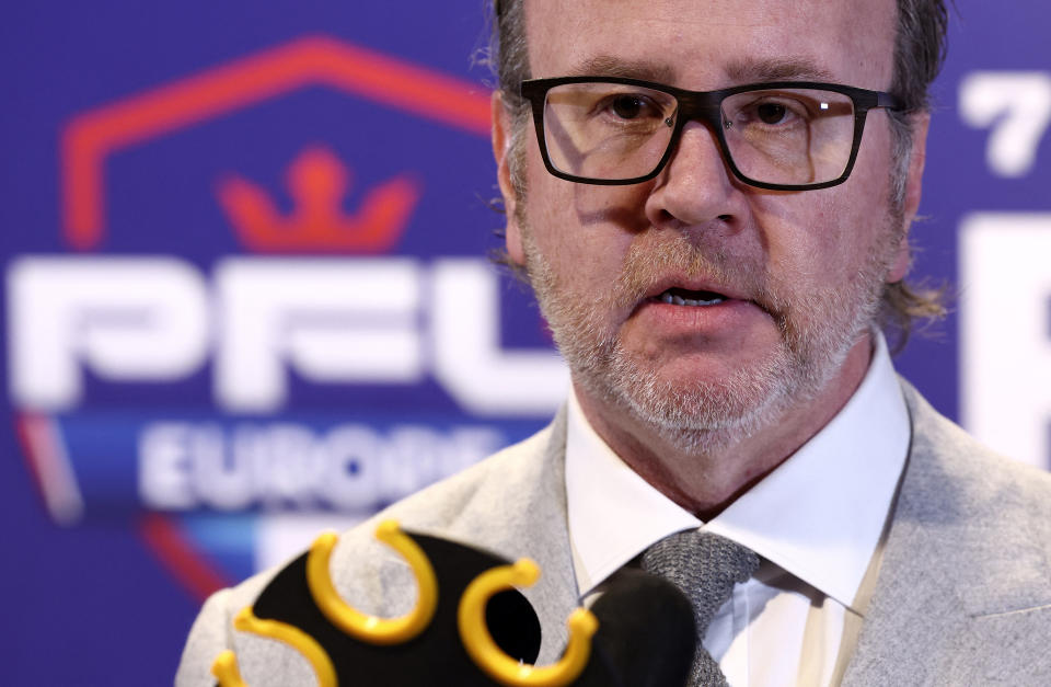 PFL (Professional Fighters League Europe) founder and president Donn Davis answers journalists questions during the Professional Fighters League Europe (PFL) event at the Accor Arena in Paris, on March 7, 2024. (Photo by FRANCK FIFE / AFP) (Photo by FRANCK FIFE/AFP via Getty Images)