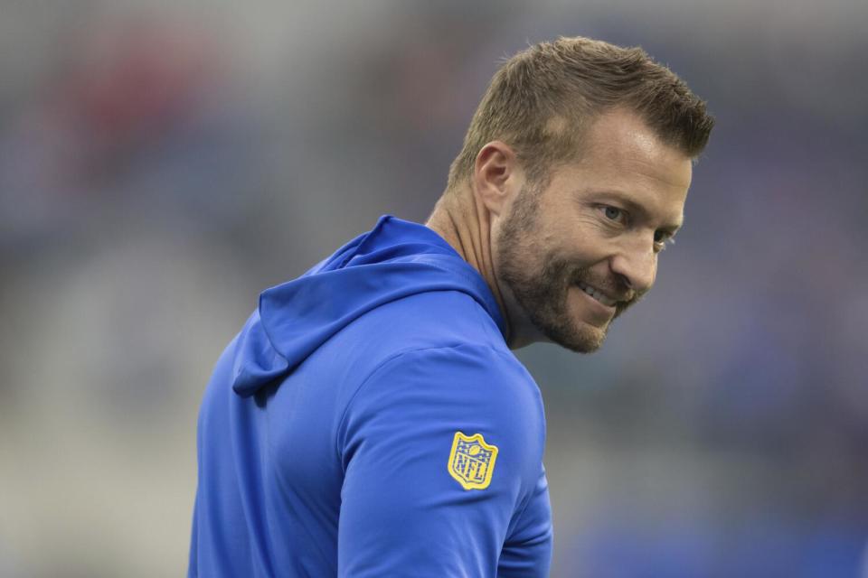 Rams head coach Sean McVay smiles before a game against the Buffalo Bills in December.