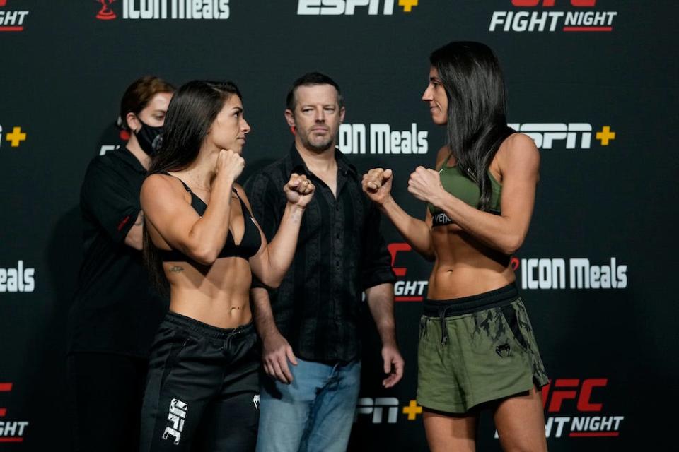 LAS VEGAS, NEVADA - OCTOBER 08: (L-R) Mackenzie Dern and Marina Rodriguez face off during the UFC Fight Night weigh-in at UFC APEX on October 08, 2021 in Las Vegas, Nevada. (Photo by Jeff Bottari/Zuffa LLC)