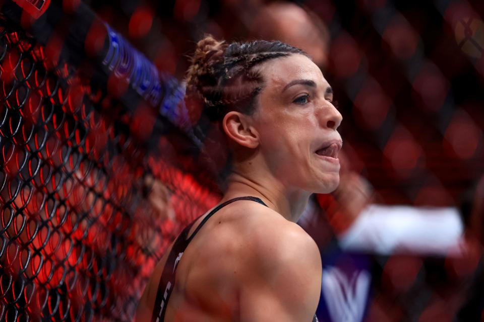 ANAHEIM, CALIFORNIA - FEBRUARY 17: Mackenzie Dern prepares to face Amanda Lemos of Brazil in their women's strawweight fight during UFC 298 at Honda Center on February 17, 2024 in Anaheim, California. (Photo by Sean M. Haffey/Getty Images)