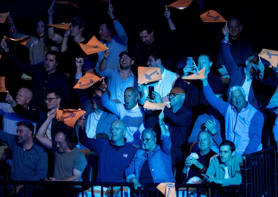 Fans cheer at SoFi Center, the home of TGL, the interactive golf league founded by Tiger Woods and Rory McIlroy on January 7, 2025 in Palm Beach Gardens, Florida.