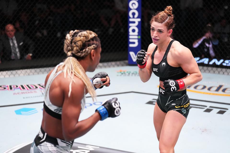 LAS VEGAS, NEVADA - MAY 20: (R-L) Mackenzie Dern faces Angela Hill in a strawweight fight during the UFC Fight Night event at UFC APEX on May 20, 2023 in Las Vegas, Nevada. (Photo by Chris Unger/Zuffa LLC via Getty Images)