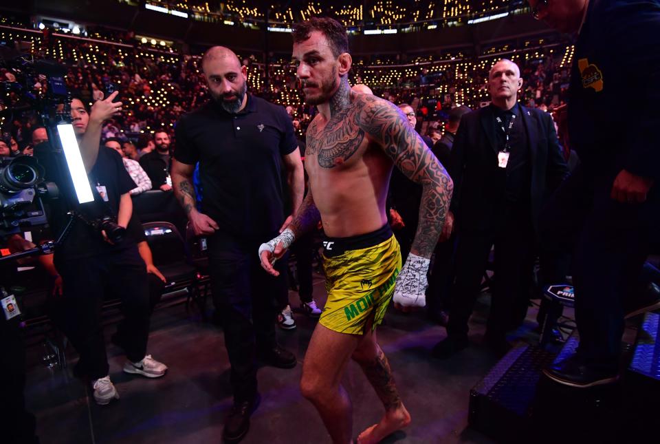 Jan 18, 2025; Inglewood, California, USA; Renato Moicano leaves the octagon after losing to Islam Makhachev (not pictured) in a lightweight title fight during UFC 311 at Intuit Dome. Mandatory Credit: Gary A. Vasquez-Imagn Images