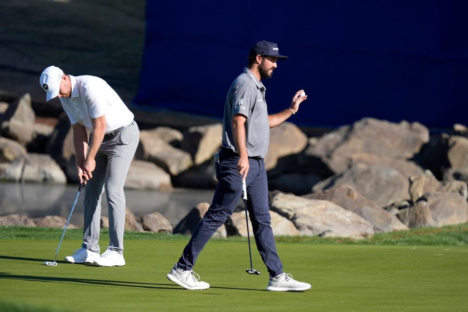 Mark Hubbard reacts after finishing on the 18th hole of the Stadium Course along with Daniel Berger during the second round of The American Express at PGA West in La Quinta, Calif., on Friday, Jan. 16, 2025.