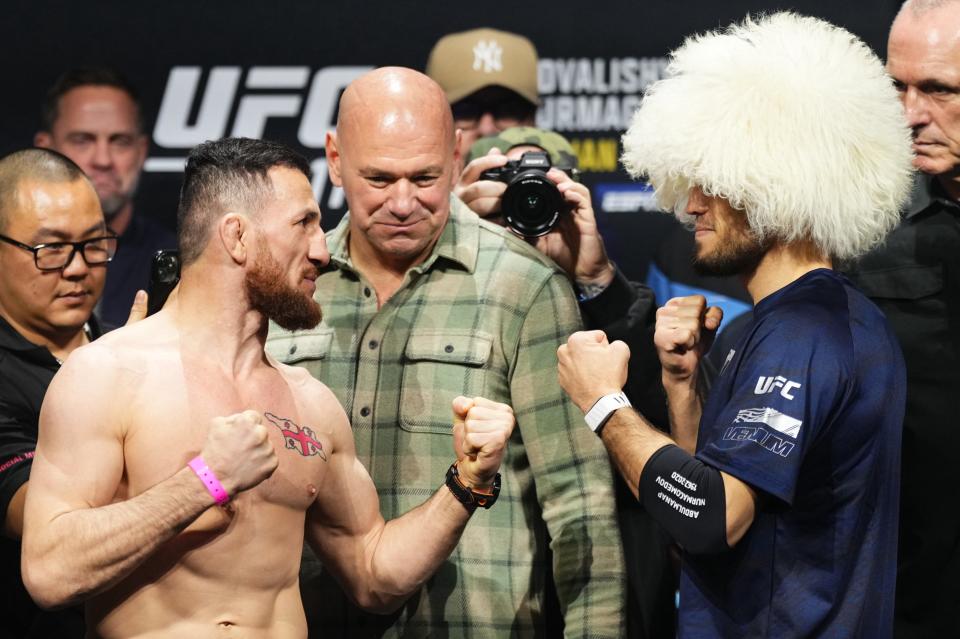 Merab Dvalishvili (left) puts his belt on the line versus the unbeaten Umar Nurmagomedov (Zuffa LLC)