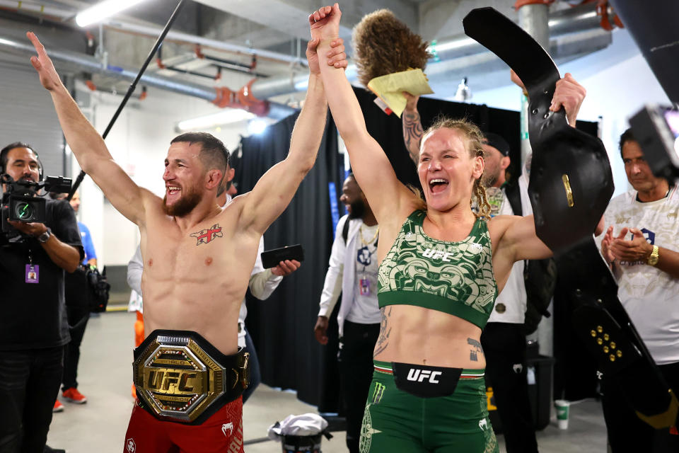 LAS VEGAS, NEVADA - SEPTEMBER 14: Merab Dvalishvili of Georgia and Valentina Shevchenko of Kyrgyzstan celeb rate backstage after their victories during the UFC 306 at Riyadh Season Noche UFC event at Sphere on September 14, 2024 in Las Vegas, Nevada. (Photo by Mike Kirschbaum/Zuffa LLC)