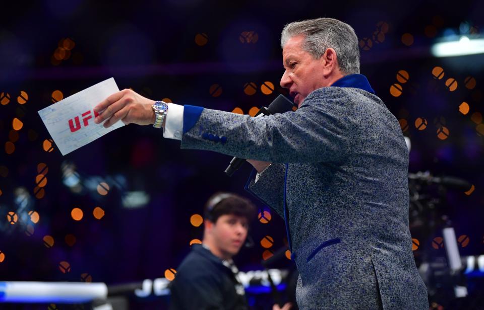 Jan 18, 2025; Inglewood, California, USA; UFC ring announcer Bruce Buffer during UFC 311 at Intuit Dome. Mandatory Credit: Gary A. Vasquez-Imagn Images