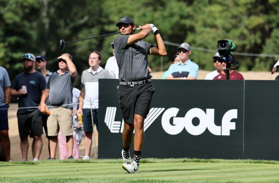 Eugenio Lopez-Chacarra hits a tee shot at LIV Golf Invitational - Boston at The Oaks golf course at The International in Bolton, Massachusetts.