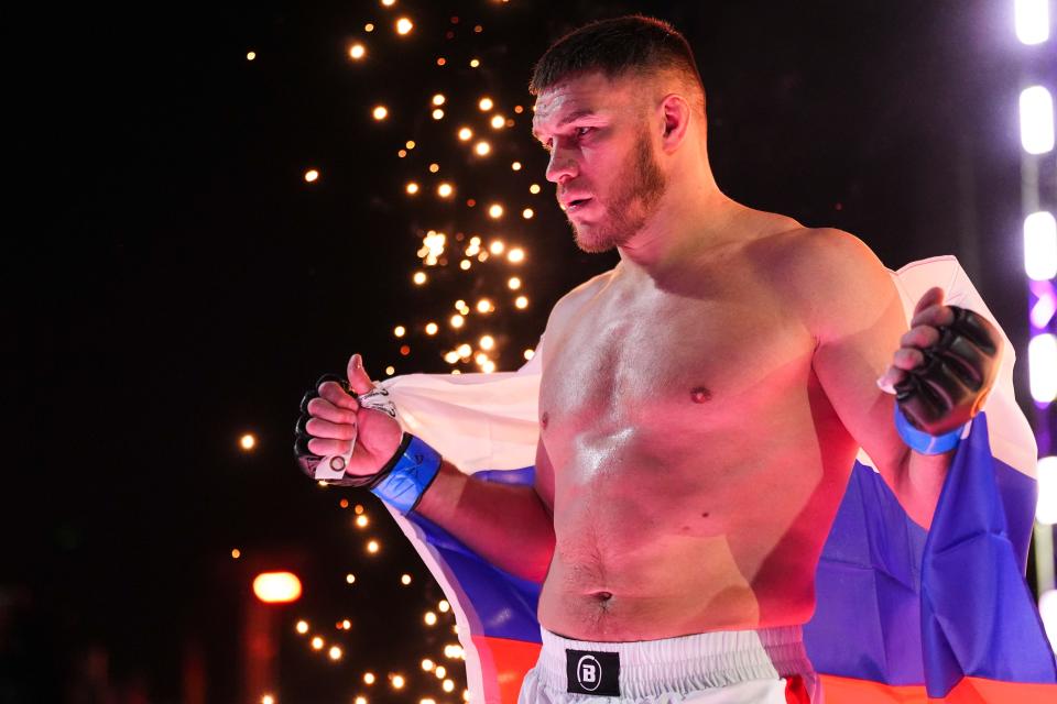 RIYADH, SAUDI ARABIA - FEBRUARY 24: Vadim Nemkov walks to the cage before fighting against Bruno Cappelozza during the 2024 PFL vs Bellator: Champs event at Kingdom Arena on February 24, 2024 in Riyadh. (Photo by Cooper Neill/Getty Images) *** Local Caption *** Vadim Nemkov