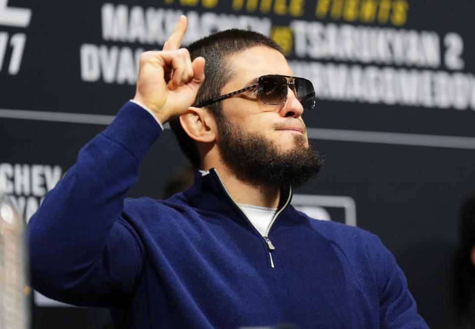 INGLEWOOD, CALIFORNIA - JANUARY 16: Islam Makhachev of Russia is seen on stage during the UFC 311 press conference at Intuit Dome on January 16, 2025 in Inglewood, California.  (Photo by Cooper Neill/Zuffa LLC)